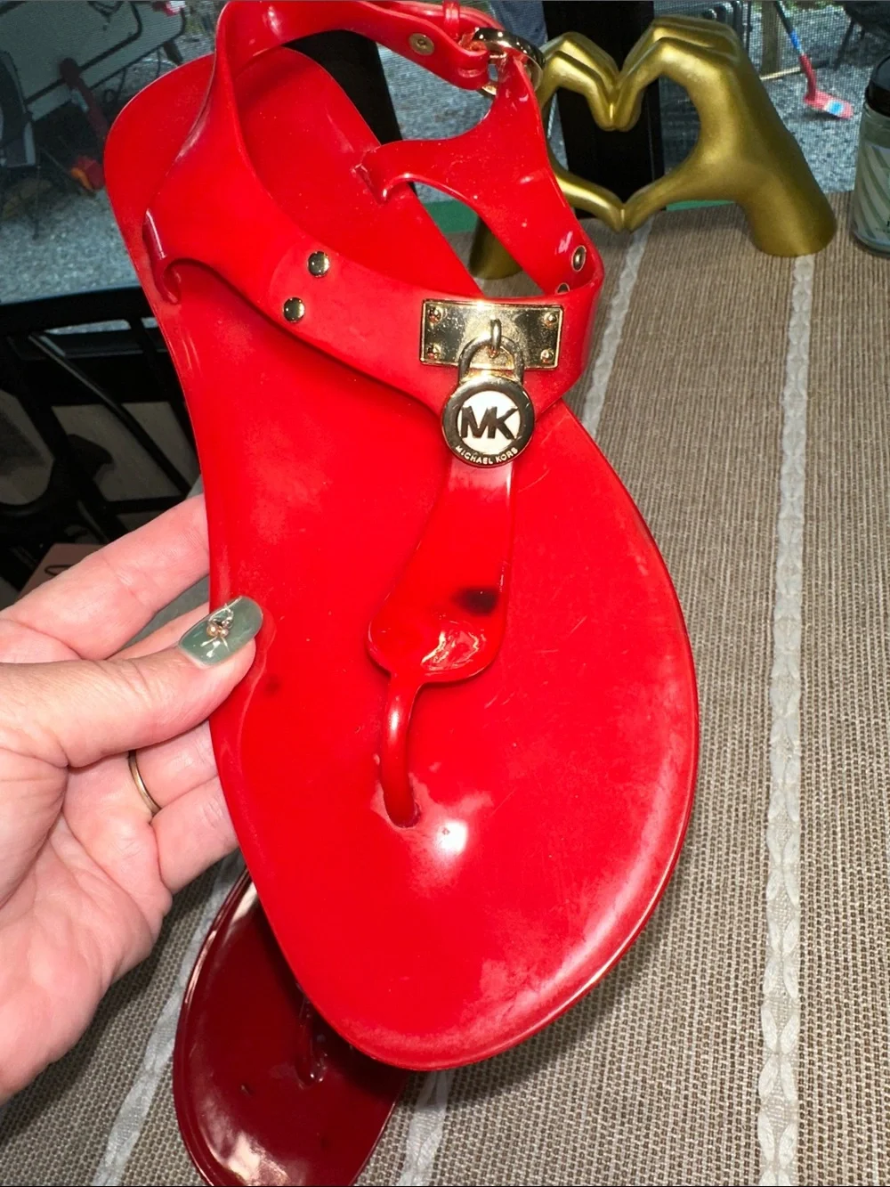 Michael Kors Red Jelly T-Strap Sandals with Gold MK Accents